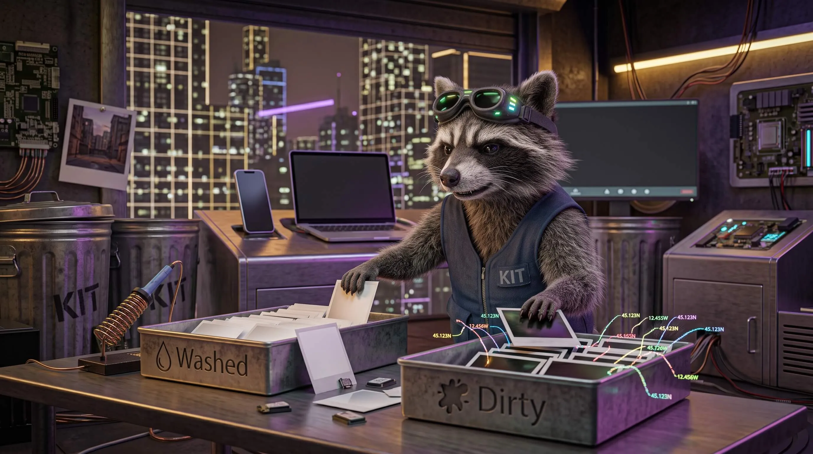 Raccoon sorting Polaroids from a dirty GPS-tagged tray into a washed tray.