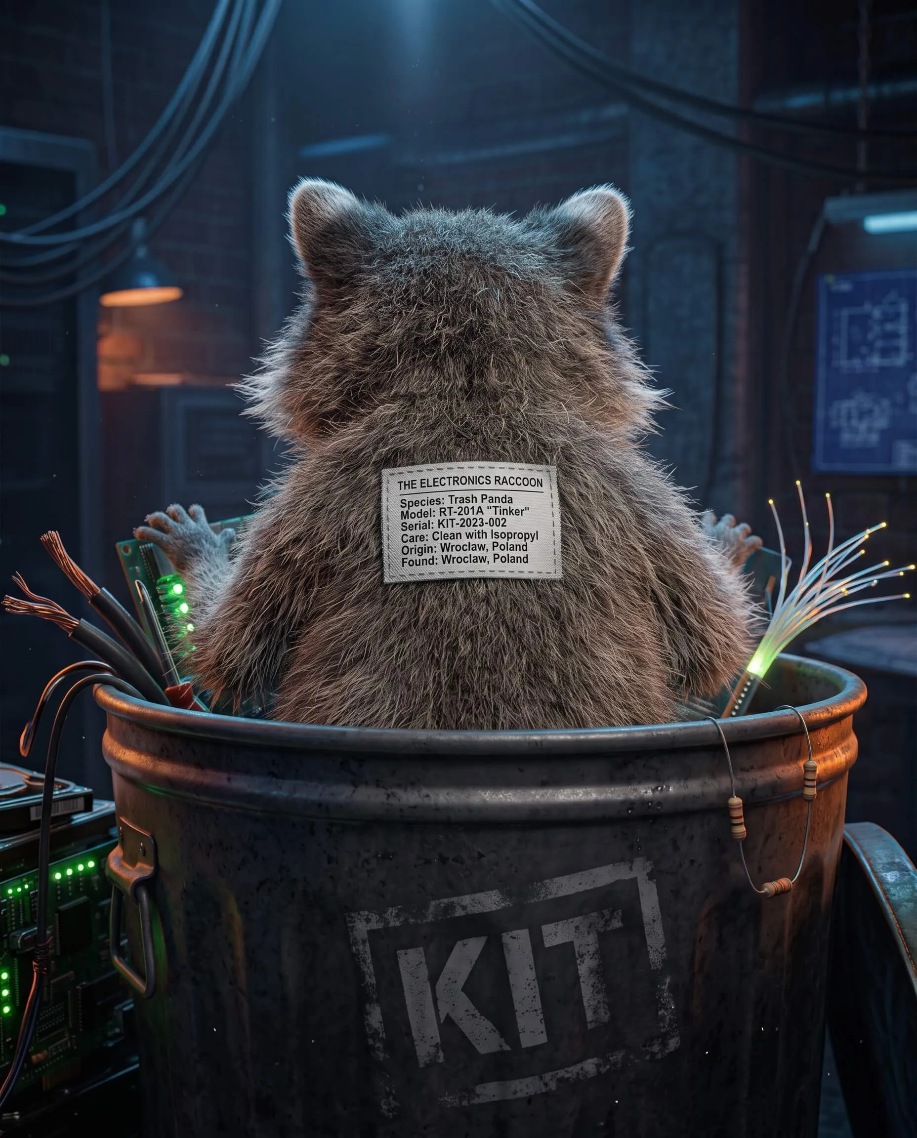 Raccoon in the KIT can with a spec tag sewn into its fur.