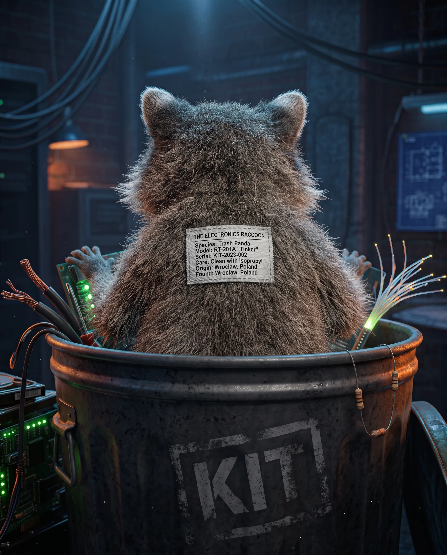 Raccoon in the KIT can with a spec tag sewn into its fur.
