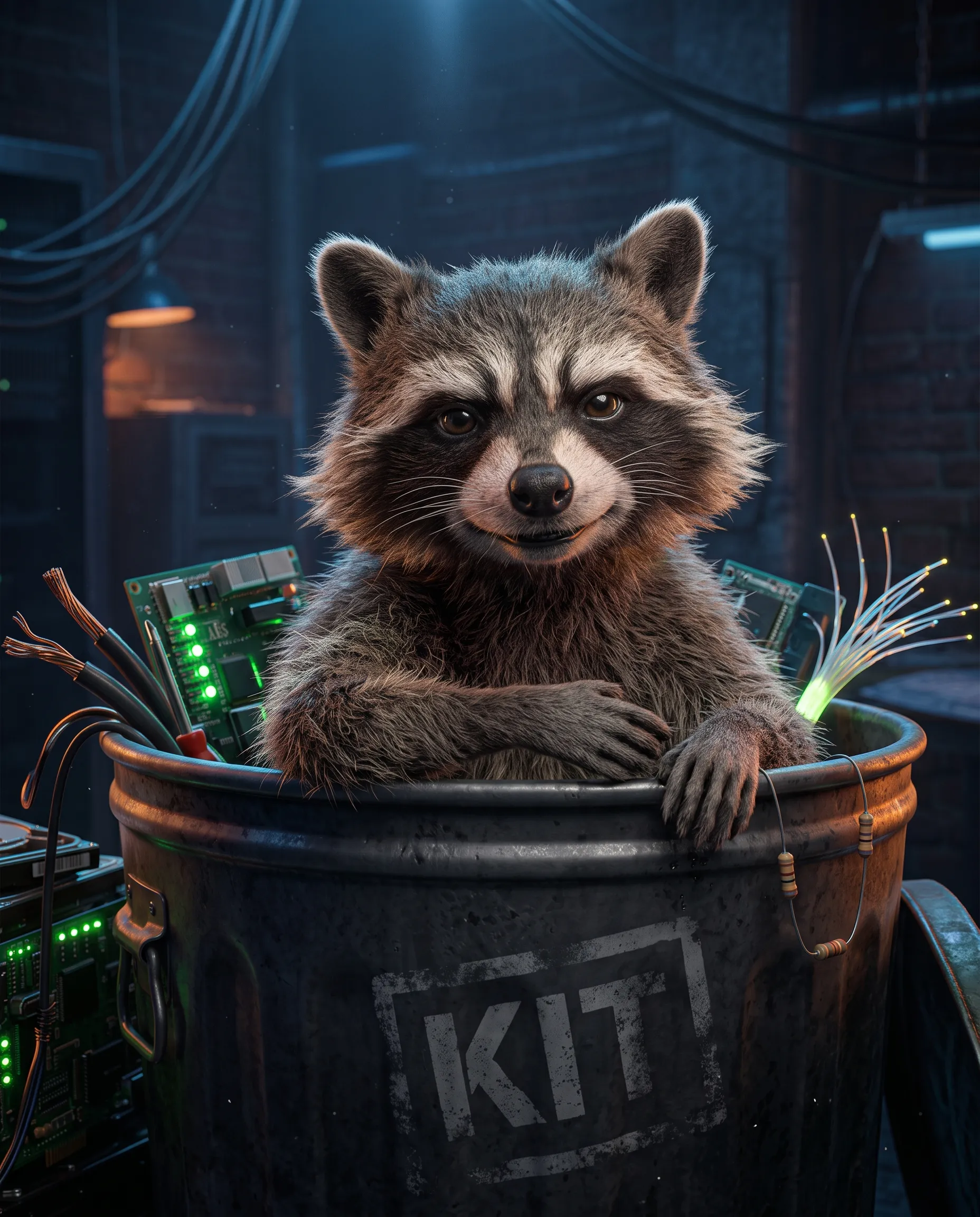 Trash panda resting calmly in the KIT can, paws on the rim.