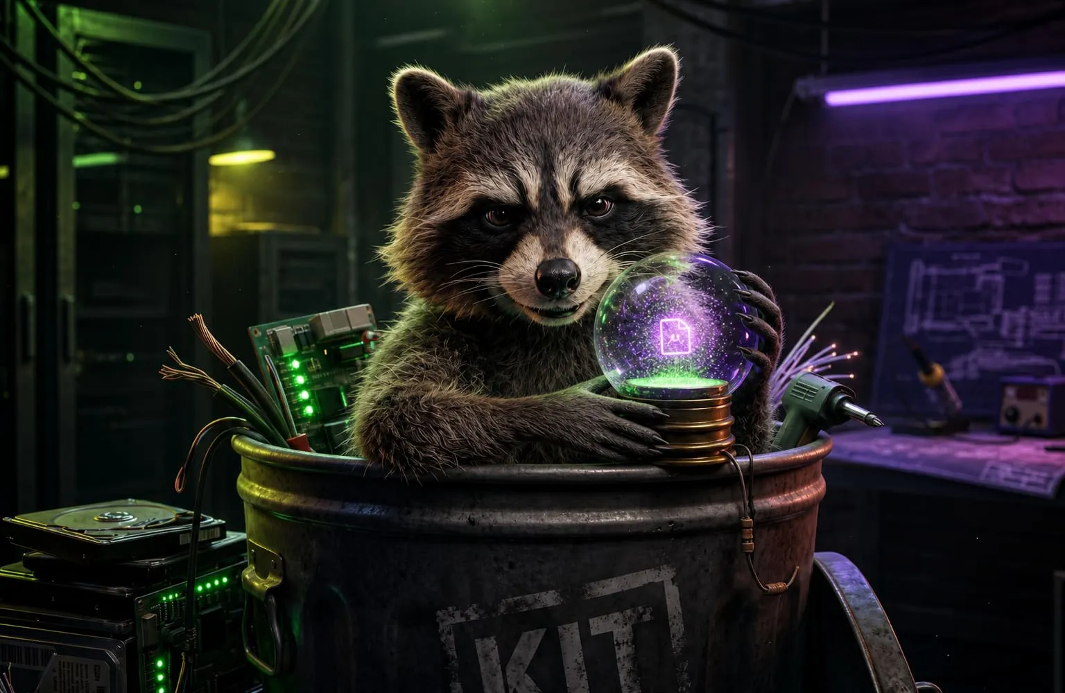 Raccoon in the KIT can holding a glass globe with a shrinking photo that stays inside.