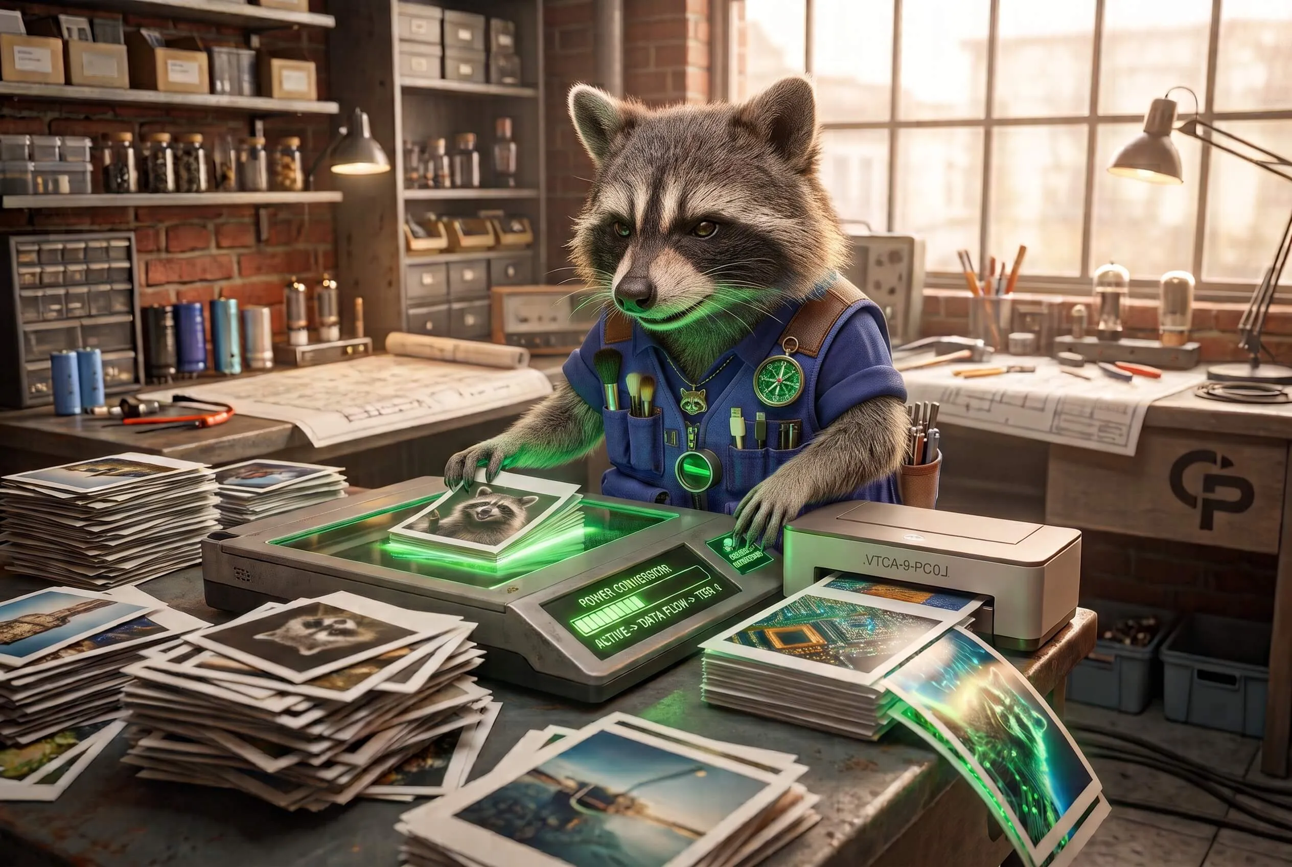 Raccoon at a workshop converter, feeding photos through a glowing scanner.