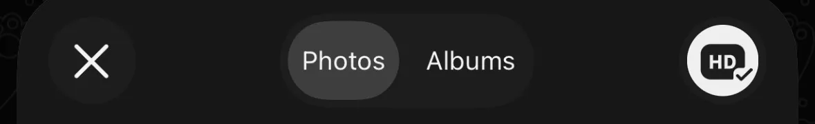 WhatsApp photo picker: Photos, Albums, and the HD badge ticked.