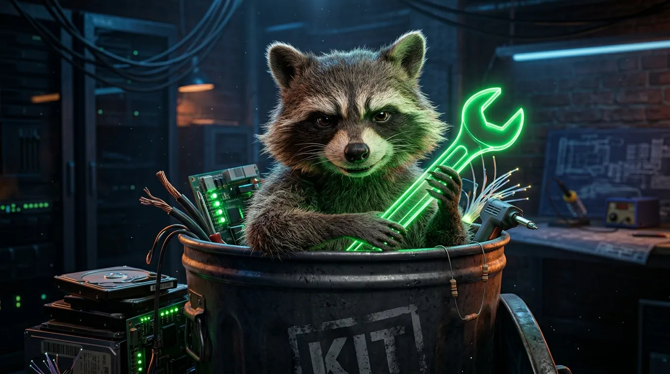 Trash panda raccoon in a KIT trash can, holding a neon wrench in a workshop.