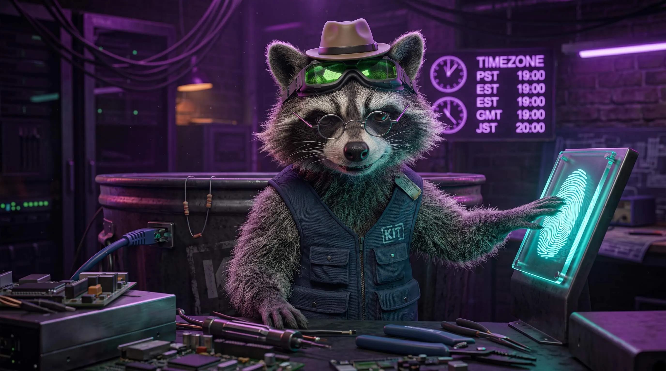 Raccoon in a KIT vest and tiny fedora touching a glowing glass fingerprint, timezone clocks behind it.
