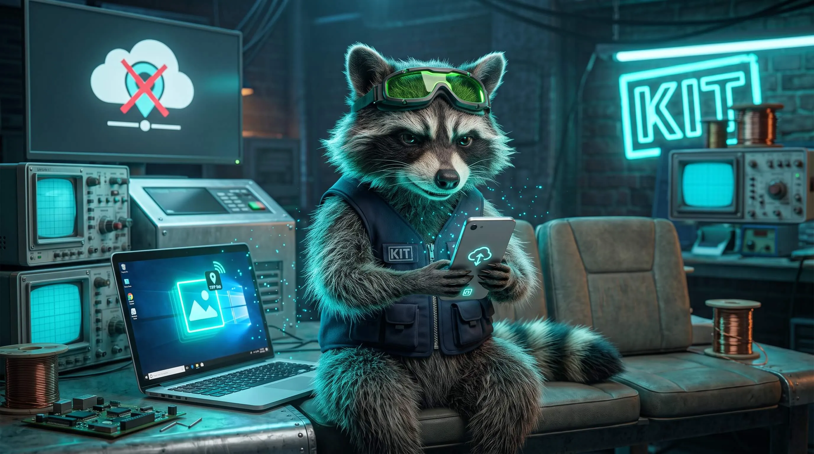 Raccoon holding a phone under a cloud-upload glow, a crossed-out location pin on the monitor behind.