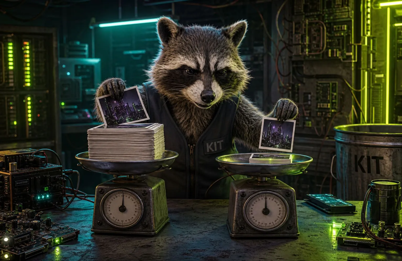 Raccoon at a workbench weighing a thick JPEG stack against a thin WebP stack.