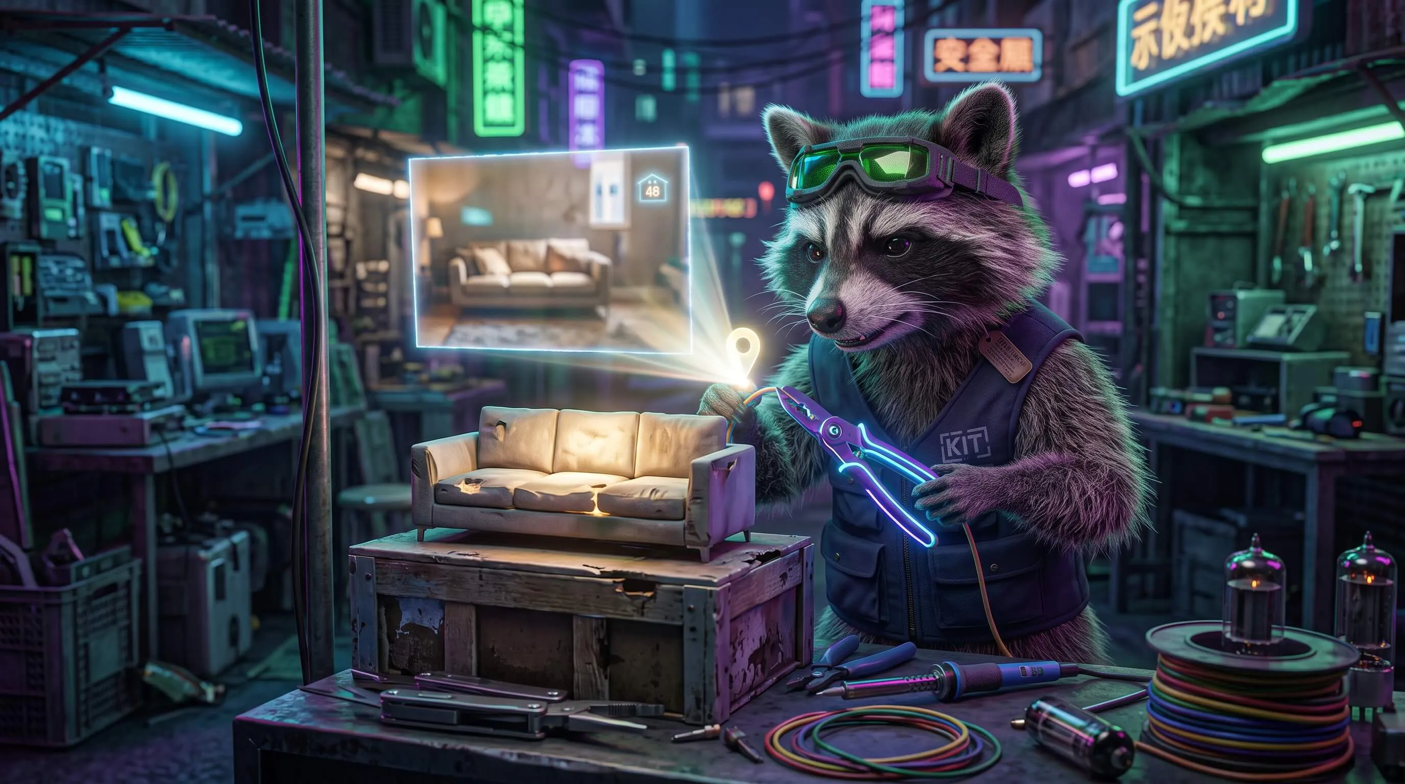 Raccoon working on a miniature couch while a listing hologram shows a room and a house number.