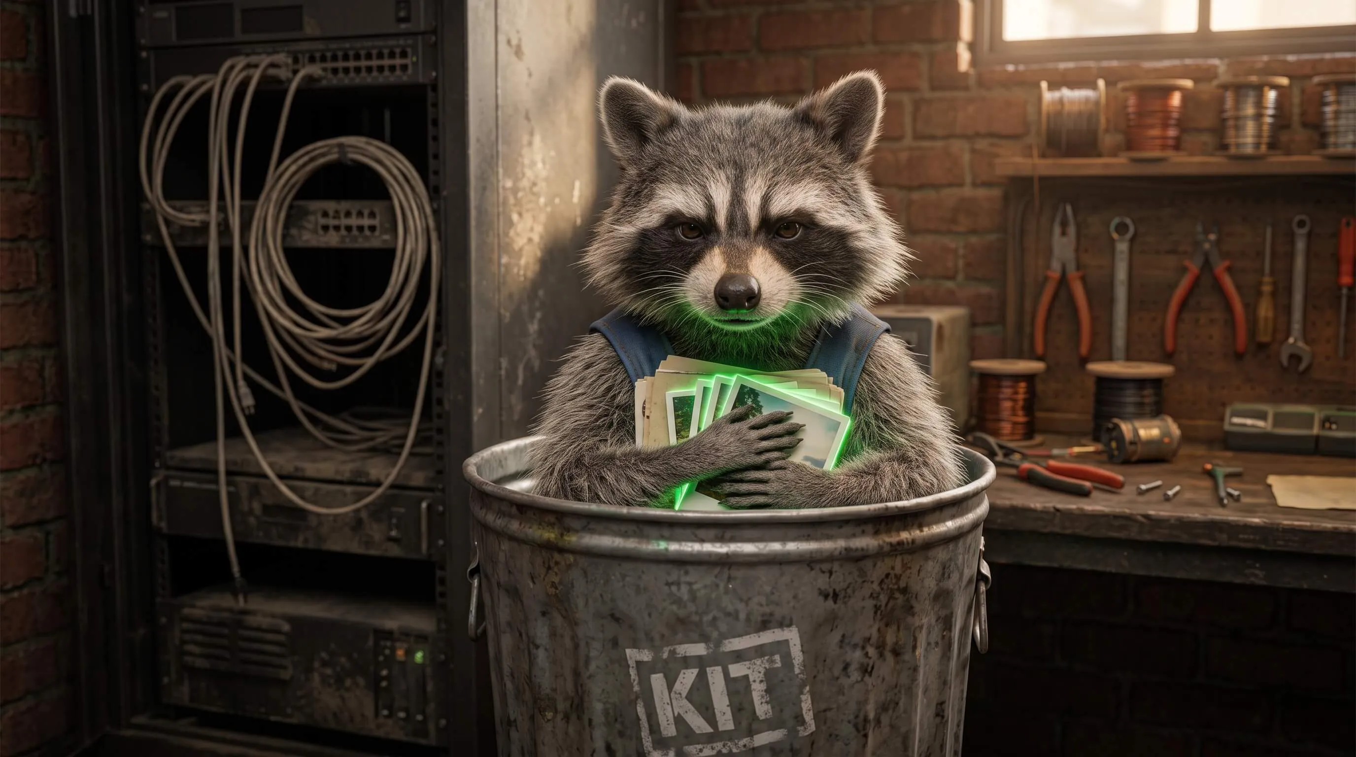 Trash panda in the KIT can, holding glowing photos tight to its chest.