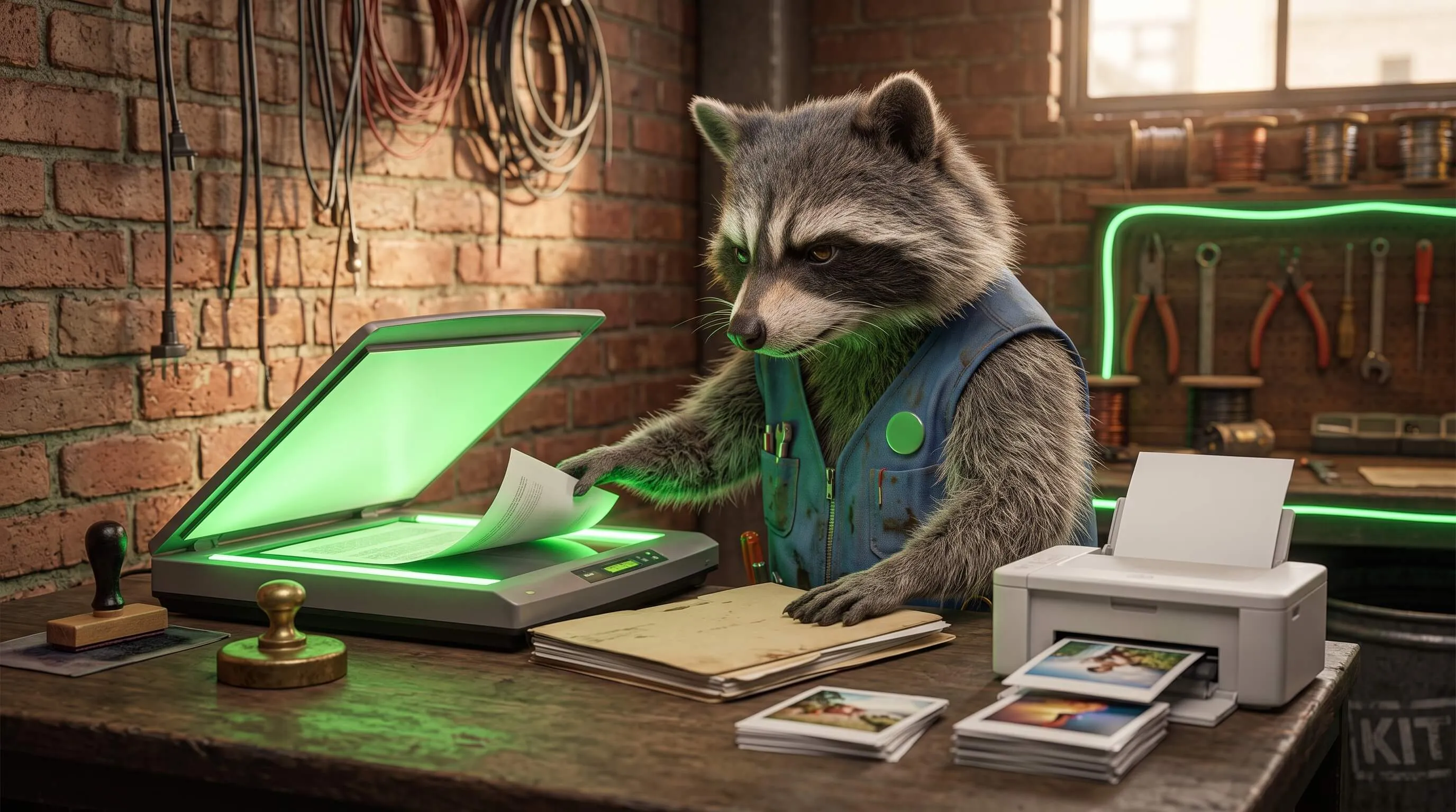 Raccoon at a workshop scanner, feeding a document through a green glow while photo prints stack beside it.
