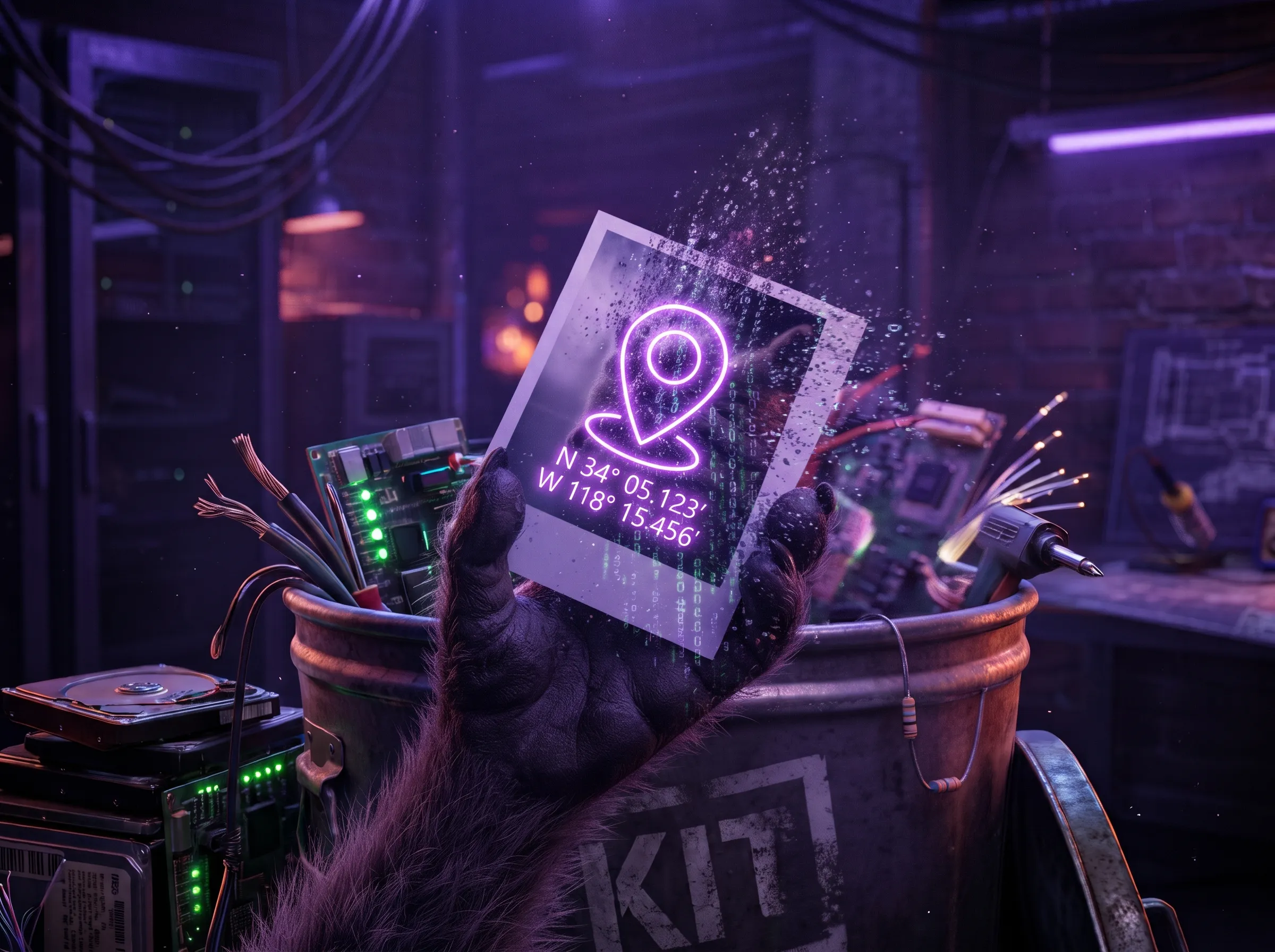 A raccoon paw lifts a glowing GPS card with coordinates from a KIT bin of e-waste.