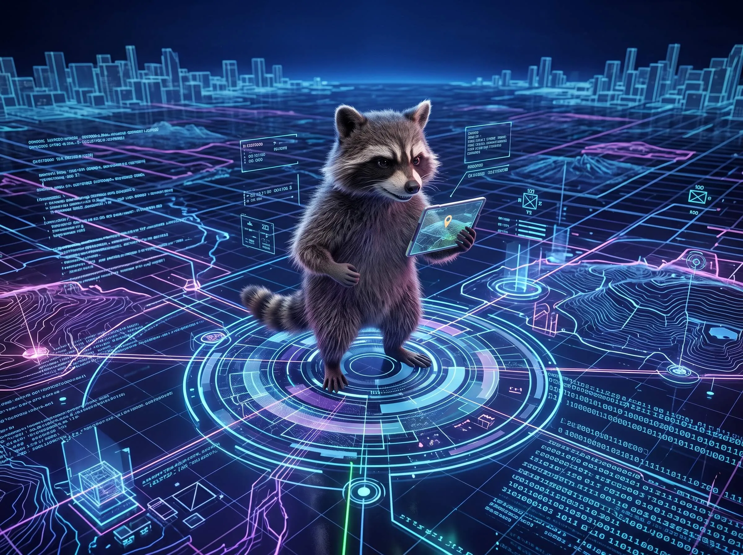 Raccoon holding a glowing map tablet over a city grid.