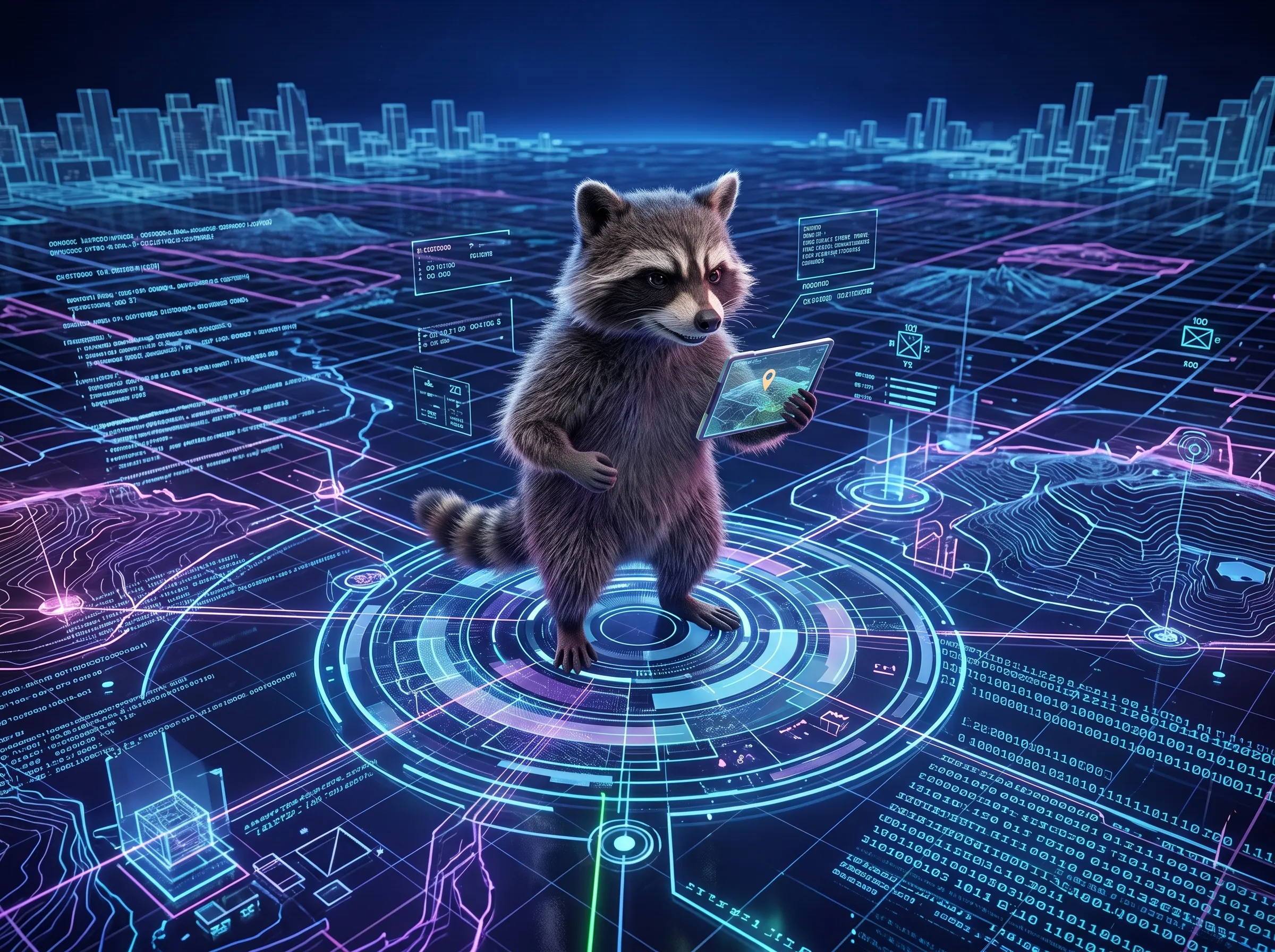 Raccoon holding a glowing map tablet over a city grid.