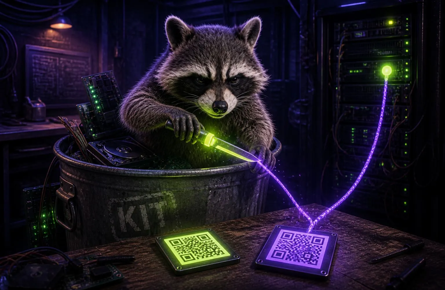 Raccoon at a workbench with two QR tiles, one leashed to a server rack, cutting the tracker cable.