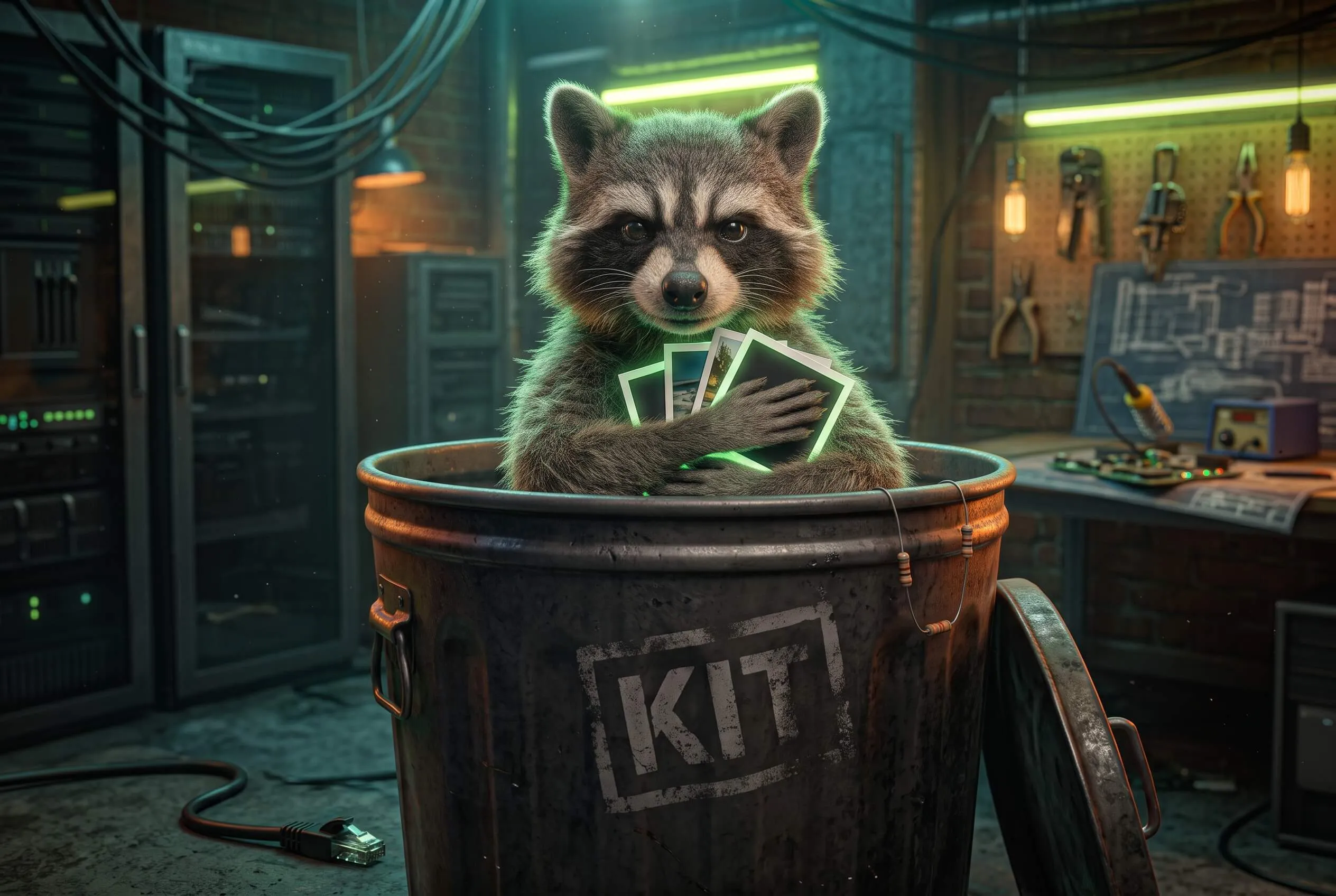 Trash panda in the KIT can, holding photos tight to its chest.