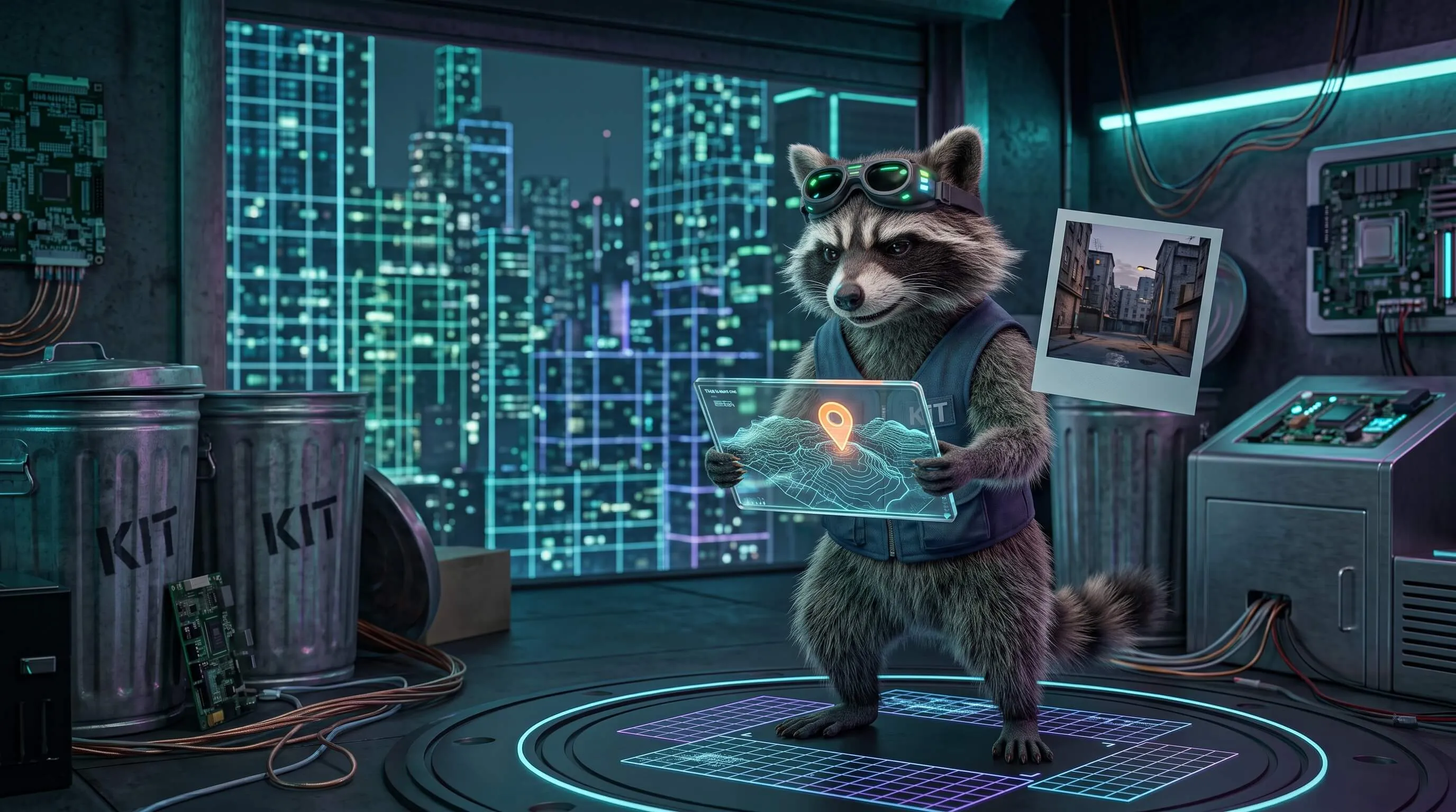 Raccoon in a KIT vest holding a glass tablet with a map pin, a Polaroid of an alley floating beside it.