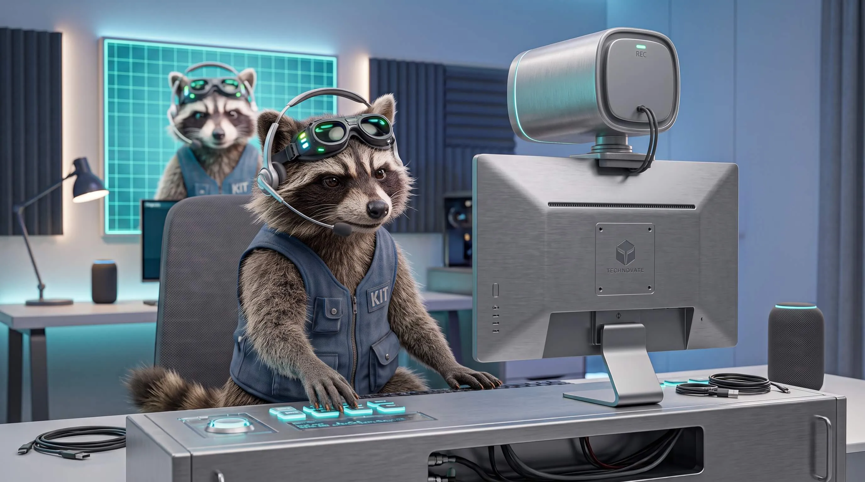 Raccoon in a KIT vest at a desk, testing a webcam before a video call.