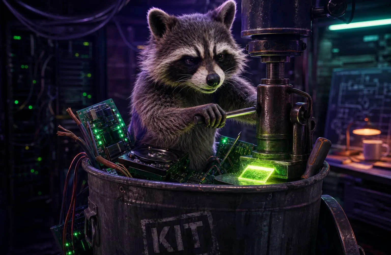 Raccoon in a KIT can pressing a glowing photo smaller with a workshop press.