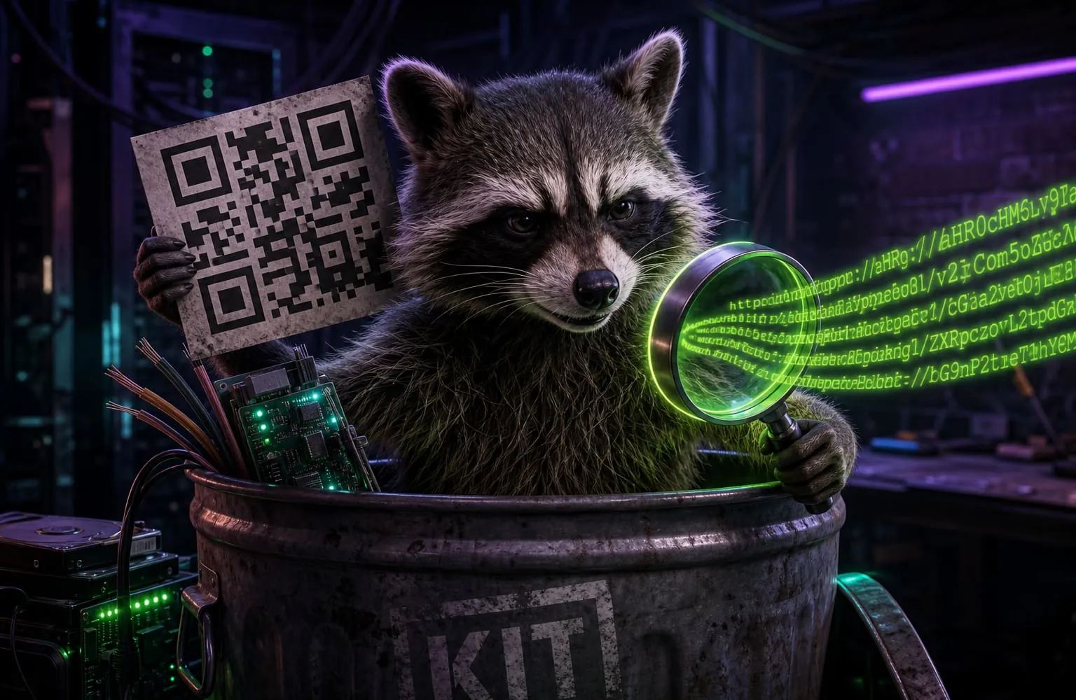 Raccoon in a KIT can reading a QR through a magnifying glass that reveals the hidden URL.