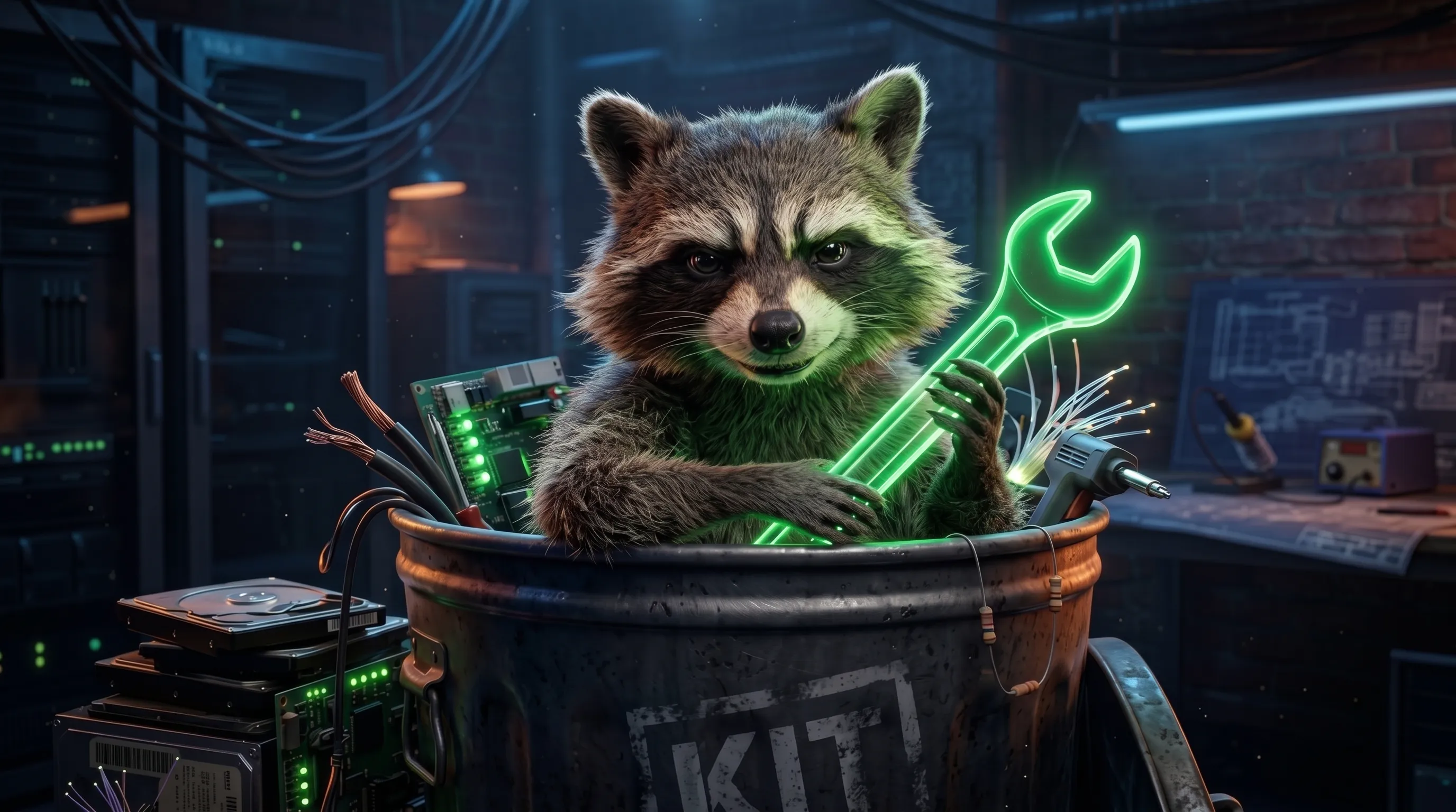 Raccoon in the KIT can holding a neon wrench, workshop lights behind it.