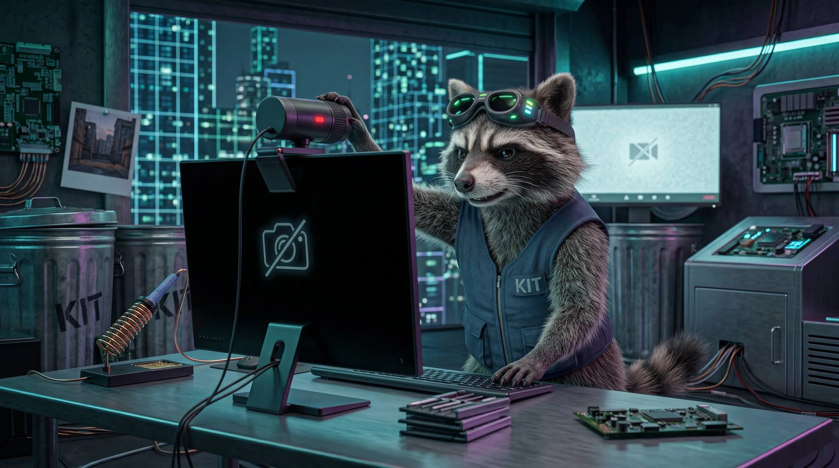 Raccoon in a KIT vest at a desk, paw on a webcam, monitor showing a slashed camera icon.