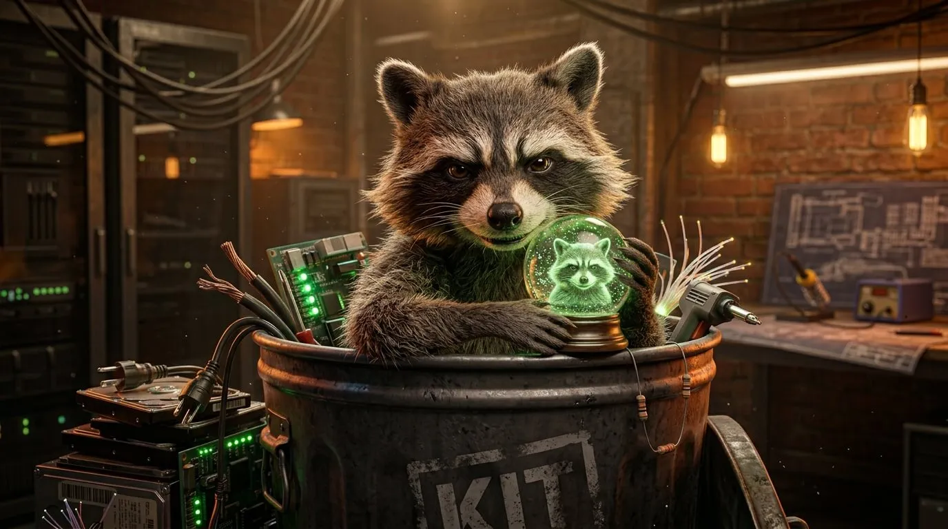 Raccoon in the KIT can holding a glass globe with a holographic portrait that stays inside.