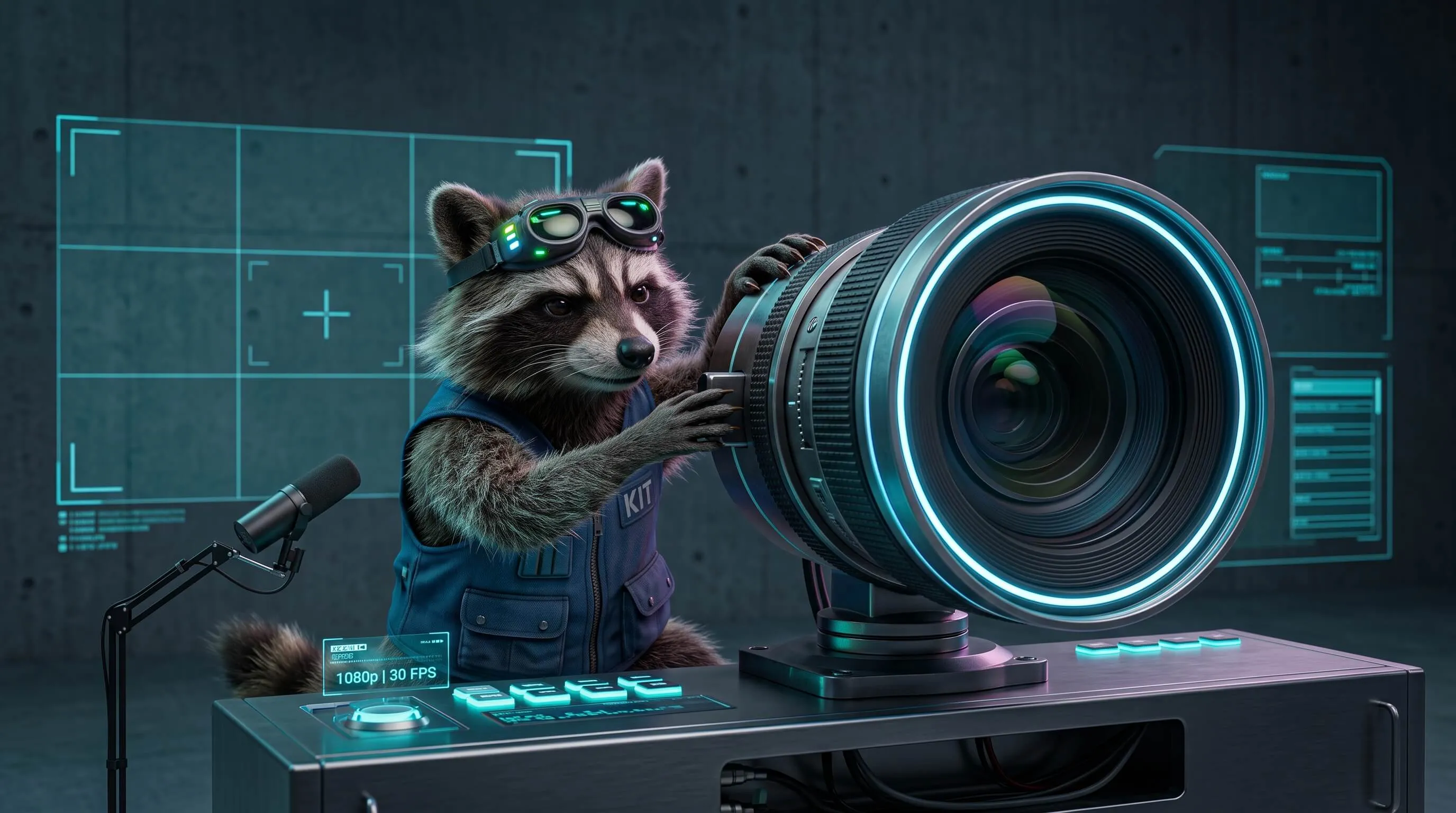 Raccoon in a KIT vest adjusting a camera lens beside a studio microphone.