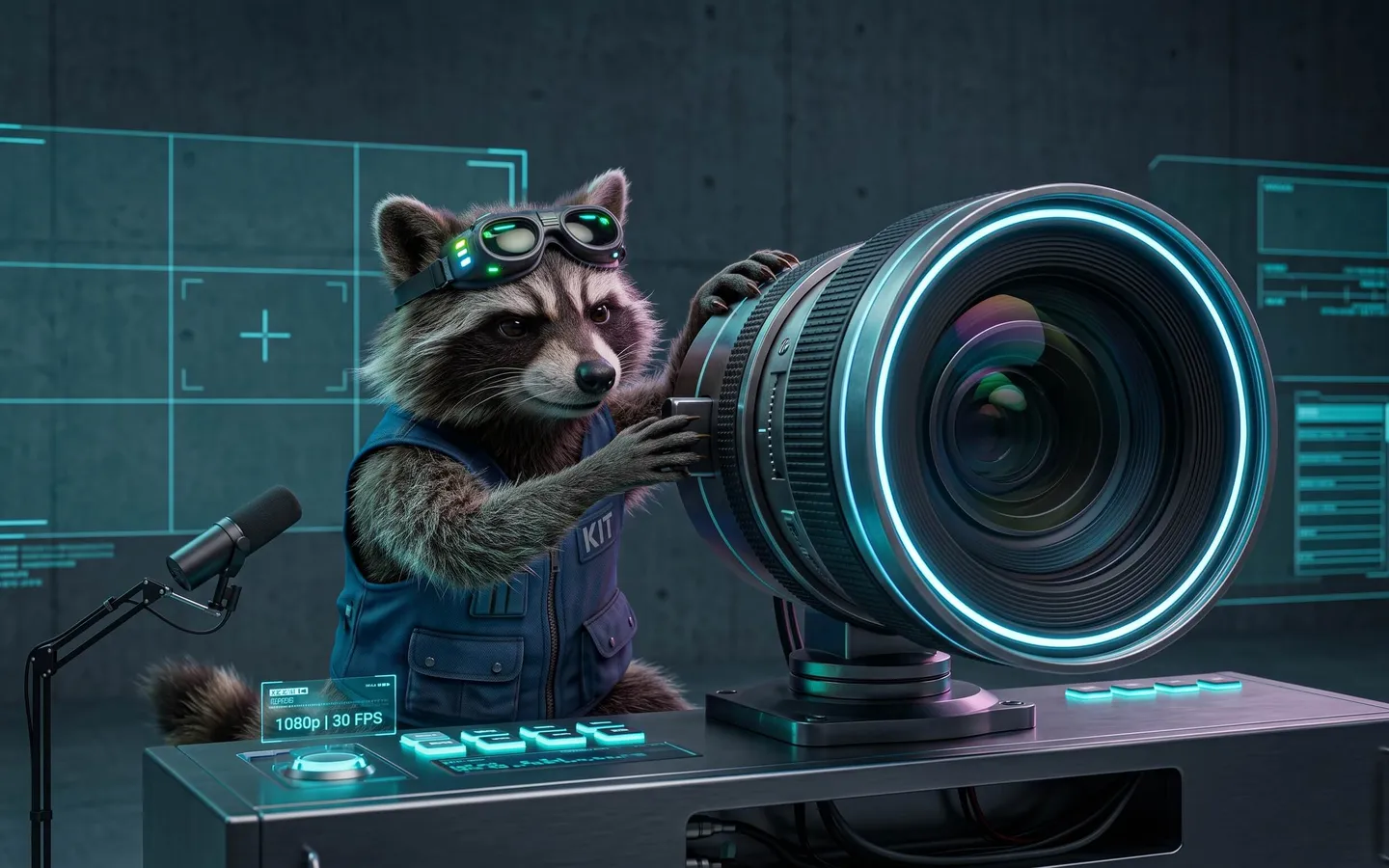 Raccoon in a KIT vest adjusting a camera lens beside a studio microphone.